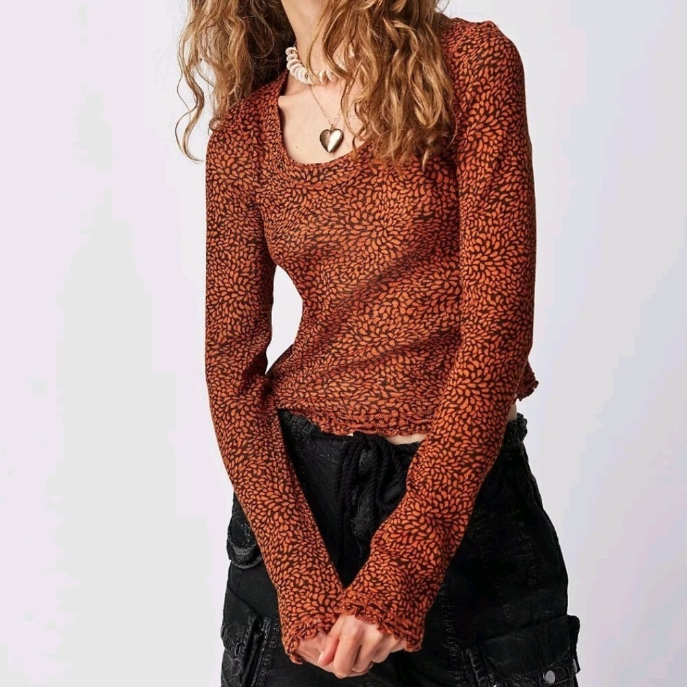 Free People Garner Orange Coffee Black Floral Lettuce Edge Long Sleeve Top Large